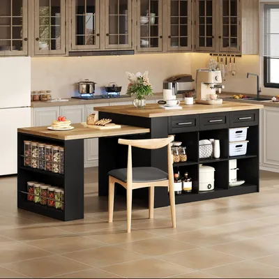 Image de OKWISH Îlot de Cuisine - Meuble Multifonction avec Table Extensible et 3 Tiroirs - Chariot de Cuisine avec Étagères Réglables - Noir - 150x90x90 cm