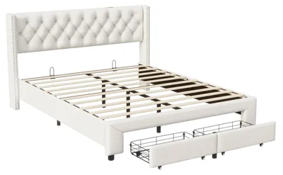 Zdjęcie produktu dla Łóżko podwójne - łóżko tapicerowane - 140x190 cm - z szufladami do przechowywania - oświetlenie LED - porty USB do ładowania - obicie z aksamitu - kolor beżowy