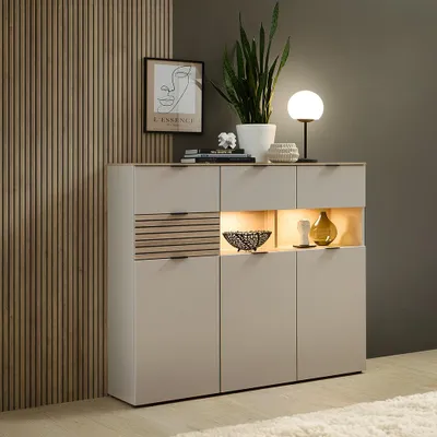 Produktbild von Wohnzimmer Highboard mit LED Beleuchtung, 125 cm breit, in Beige mit Eiche, 4 Schubladen & 3 Türen, Softclose, Lamellenoptik - ISCHIA-36