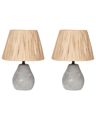 Produktbild von BELIANI Tischlampe Grau und Naturfarben Keramik Vasenform 31 cm Papiergeflecht Schirm Kegelform Kabel mit Schalter Modern Boho Schlaf- u. Wohnzimmer