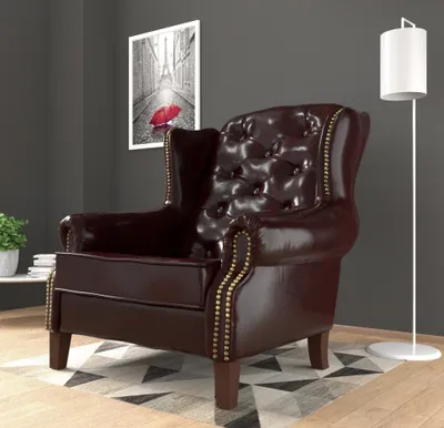 Produktbild von S-STYLE MÖBEL - Chesterfield Ohrensessel Vento mit Steppung und Holzfüßen aus Rotbraun veganem Leder, B/T/H: 102 cm/ 93 cm/ 102 cm