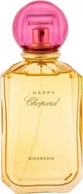 A perfume bottle with a pink cap and yellow liquid.