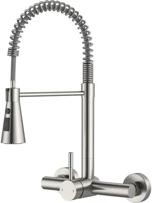 Produktbild von Unyqoos® SUS304 Edelstahl Küchenarmatur zur Wandmontage – Einhebelmischer, 360° Auslauf, ausziehbare Brause, gebürstet, 3 Strahlarten
