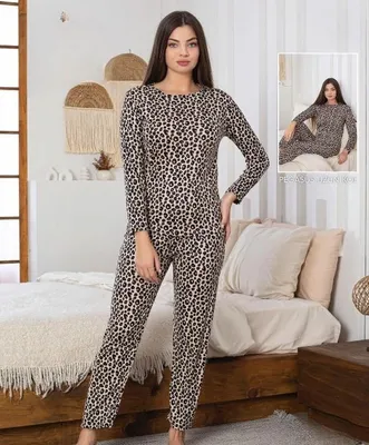 Produktbild von Damen Pyjama Schlafanzug Lang Winter Leopard XXL Baumwolle 2 Teiler Warm A-83