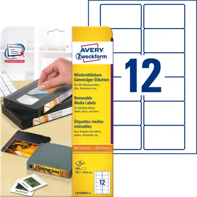 Produktbild von Avery Zweckform L4742REV-25 Etiketten für Speichermedien, 78,7 x 46,6 mm, 25 Blatt/300 Etiketten, weiß