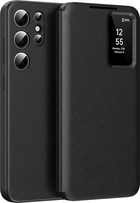 Produktbild von Leder Flip Case für Samsung Galaxy S26 Ultra, Smart View Fenster Handyhülle mit Kartenfach Schwarz