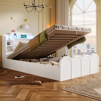 Produktbild von okwish Jugendbett 90x200 Paneelbett mit LED-Beleuchtung und offene Staufächer,mit Ladeanschlüsse und LED-Lichtleiste,Kinderbett mit Bettkasten,Weiß (ohne Matratze)