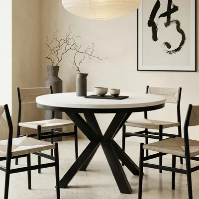 Produktbild von Runder Ausziehbarer Tisch für Esszimmer RAL mit Ring-Gestell, Loft-Stil, Industriel, Durchmesser: 90 / 140 cm, Farbe: Weiß / Schwarz
