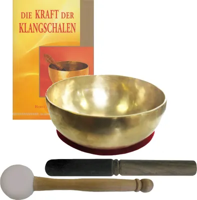 Produktbild von Therapie KLANGSCHALE ca. 600-700g Handarbeit Nepal 5-tlg Klangmassage SET. KEHLKOPFSCHALE + Buch + 2 x Klöppel + ZUBEHÖR.