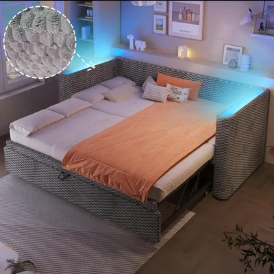 Produktbild von Tagesbett, Daybett, Schlafsofa, 90 × 200 cm, 180 × 200 cm, multifunktionales Ausziehbett-Design mit LED-Lichtleiste, Lattenrost (ohne Matratze), Samt, Grau