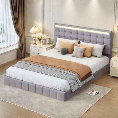 Produktbild von Gepolstertes Doppelbett, 160 x 200 cm, mit schwebendem Rahmen und USB-Ladefunktion, verstellbarem Kopfteil und LED-Beleuchtung, grau, ohne Matratze