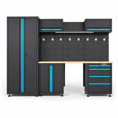 Immagine prodotto di Set di mobili da officina - HEXWELT - 260 cm con piano di lavoro in legno, pannello forato, LED e 4 cassetti - HW-MW-159