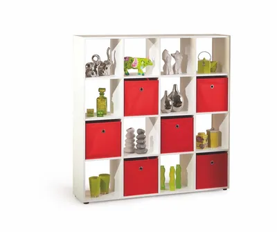 A white shelving unit with multiple compartments, some filled with red storage boxes and others displaying various decorative items.