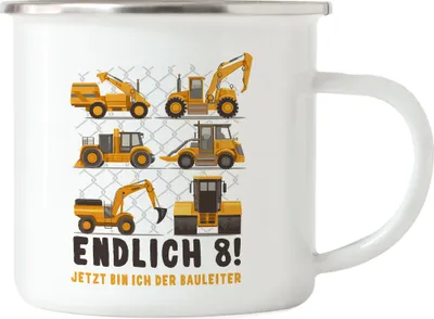 Produktbild von Endlich 8 Emaille Tasse 8. Geburtstag Geburtstagskind Kindergeburtstag Bagger Baustelle Baumeister