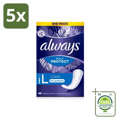 Imagen del producto de 5 unidades de toallas absorbentes diarias "Always Daily Protect Long", sin perfume, en un envase grande