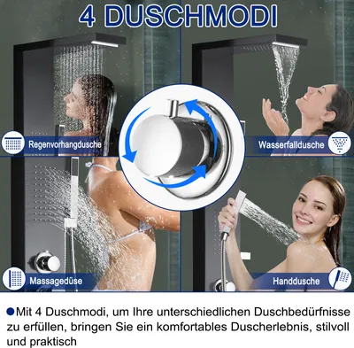 Collage of four different shower modes with people using them.