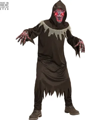 Produktbild von Kinderkostüm teuflischer Dämon – Gr. 128 – 164cm – Robe mit Handschuhen, Maske mit Kapuze und leuchtenden Augen XL - 164 cm