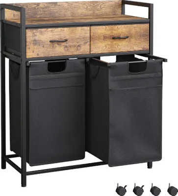 A laundry cart with two drawers and two fabric bins.