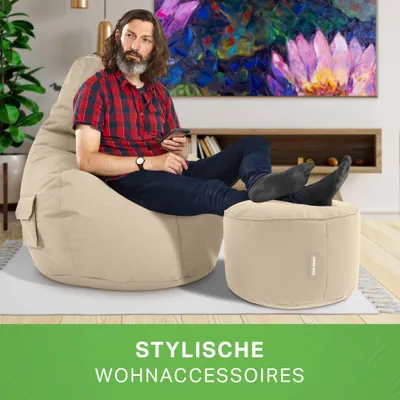 Produktbild von Green Bean® Sitzsack mit Rückenlehne + Hocker "Cozy+Stay" 80x70x90cm - Gaming Chair mit 230L EPS Perlen Füllung - Beige
