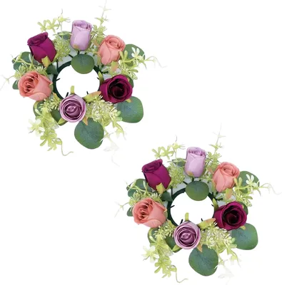 Produktbild von 2 Stück Künstlicher Rosenkranz, Kerzenring, Säulenkerzenhalter, grüne Blätter, bunte Blumengirlande, für Zuhause, Hochzeit, Party, Tischdekoration