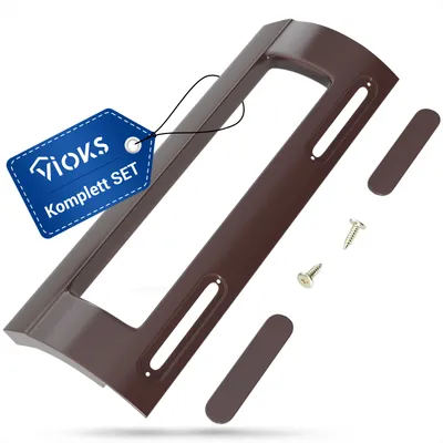 A brown door handle kit with screws and small covers, presented on a white background.
