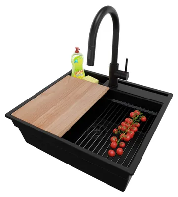 Produktbild von PRIMAGRAN Granitspüle Alles Schwarz 58x53cm, Spülbecken 1 Becken + Ablauf-Set + Küchenzubehörset, Küchenspüle ab 60er Unterschrank - Oslo Pocket