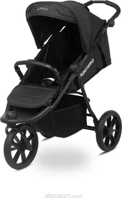 A black sport stroller is shown from a slightly elevated front-left angle against a white background.