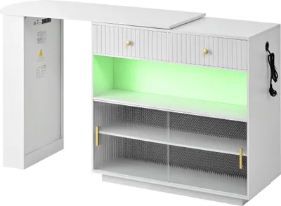 Obrázok produktu pre Barový stôl, rozťahovací, otočný o 360°, s úložným priestorom a LED osvetlením, otočný, s dierovanou doskou a zásuvkami