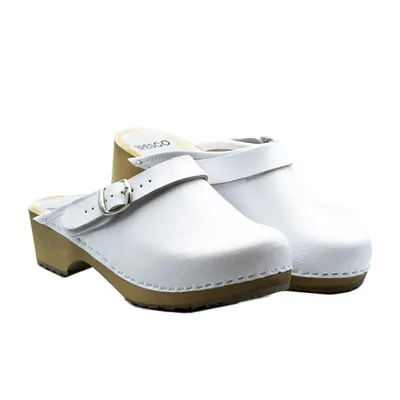 Produktbild von Damen Holzclogs aus Echtleder Weiß – Bequeme Holzpantoletten mit verstellbarem Riemen 36