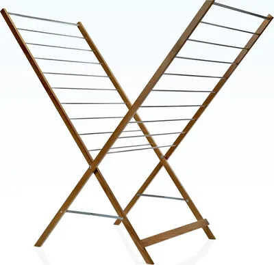 A wooden folding drying rack with metal bars against a white background.