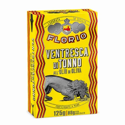 Immagine prodotto di Ventresca di Tonno All'Olio di Oliva | 3 mesi di stagionatura | Florio, Sicilia | 125g, Immagine generata dall'IA