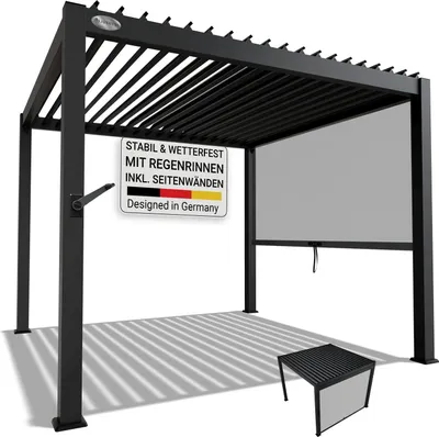 Produktbild von Juskys Lamellendach Tahiti 3x3 m inkl. Seitenwand 3 m - Stahl Pergola stabil & wetterfest - Anthrazit