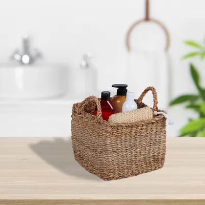 Produktbild von Relaxdays Aufbewahrungskorb 3er Set Seegras, Flechtkorb quadratisch, Bad Organizer, 3 versch. Größen, Regalkorb, natur
