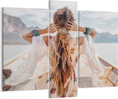 Produktbild von Bild auf Leinwand - Leinwandbild - 3 Teile - Frau Boot Rücken - 95x80cm - Wand Bild - Wanddeko - Wandbilder - Leinwanddruck - Bilder - Wanddekoration - Leinwand bilder - Wandbild - CB95x80-5059