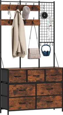 Produktbild von Flurgarderobe - Garderobe mit Schuhregal - Wandmontiert - 4-in-1 - 14 Haken - Ablage - 100x30x183 cm - Dunkelkhaki