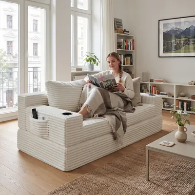 Produktbild von 2-in-1 Cord Schlafsofa mit Schlaffunktion, Getränkehaltern und Seitentaschen
