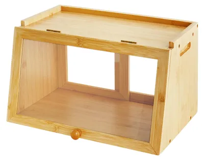 Imagen del producto de Relaxdays, caja de pan de bambú, con tapa frontal y puerta corredera, acceso doble, dimensiones: 23 x 39 x 26 cm, color natural, Imagen generada por IA
