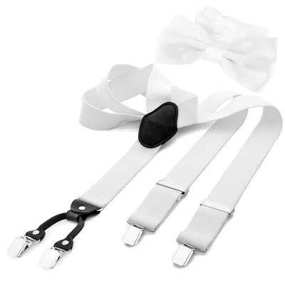 Produktbild von DonDon Herren 3,5 cm breiter Hosenträger in Y-Form elastisch und verstellbar im 2er Set mit farblich passender Fliege 12 x 6 cm Weiß