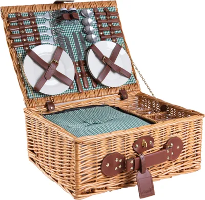 Immagine prodotto di Cesto da picnic in vimini con scomparto termico e accessori: stoviglie, posate, bicchieri da vino - Idea regalo per campeggio, attività all'aperto e famiglia | Per 4 persone | Verde