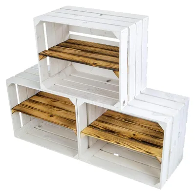 Produktbild von 3er Set Weiße Obstkisten Johanna / Schuhregal Ablageregal Beistelltisch Schuhbox Weinkiste Apfelkiste Holzkiste Regalkiste Ablagekiste (3er Set Weiß mit geflammter Einlage "LÄNGS")