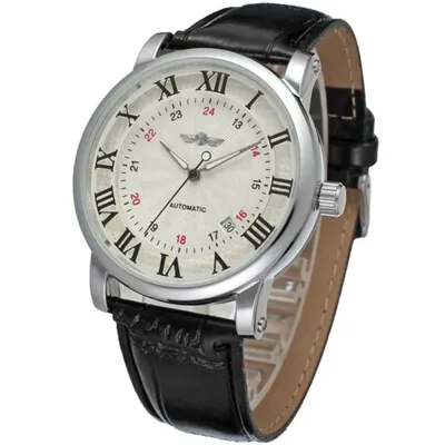 A close-up studio shot of a men's wristwatch with a white dial and black leather strap.