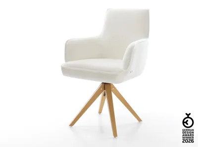 Produktbild von DELIFE Drehstuhl Heira-Flex mit Armlehnen Bouclé Soft Beige Holzgestell kantig Natur 360° drehbar Taschenfederkern
