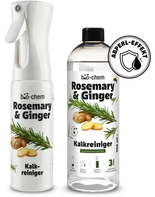 Produktbild von bio-chem Rosemary & Ginger Kalkreiniger Konzentrat | Badreiniger gegen Kalk & Wasserflecken für Bad, Dusche & Armaturen | Duftkomposition Rosemary & Ginger | Duftsprühflasche Flowra + 750 ml Refill