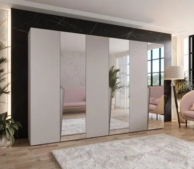 Obrázek produktu pro Velká zrcadlová šatní skříň 300 cm SORAYA 2 - kašmír / kašmírové úchyty