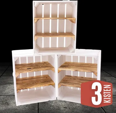 Produktbild von 3 weiße Holzkisten mit 2 geflammten Regalbrettern/ NEU / 40x30x50cm / viel Lagerfläche