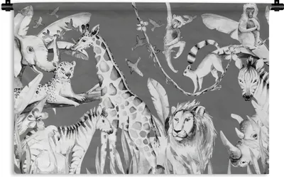 Produktbild von MuchoWow® Wandteppich Wandbehang Wasserfarben - Dschungel - Tiere - Jungen - Blau - Kinder 90x60 cm Tapisserie Dekoration Wandtuch - Wandskulpturen - Bildteppich