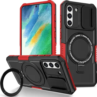 Produktbild von Handyhülle für Samsung Galaxy S21 FE 5G Kompatibel mit MagSafe, Robuste Hülle mit Schiebe Kamera Schutz, Magnetischer Ringständer Schwarz Rot