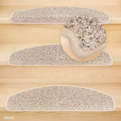 Stair treads on wooden stairs, with a close-up of the texture of one tread.