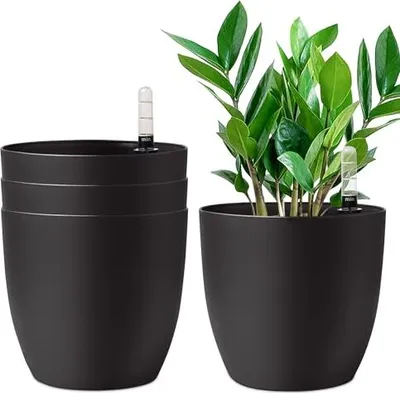 Produktbild von T4U 22cm Selbstwässernder Blumentopf mit Wasseranzeiger Schwarz 4er-Set, Selbstbewässerung Wasserspeicher Pflanzgefäß Übertopf für Innen- und