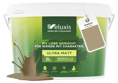Produktbild von Wandfarbe Beige Grün Gold Matt Innenfarbe – Deckkraft Klasse 1, VOC-frei, Ohne Grundierung, Tropfarm – Wohnzimmer & Schlafzimmer – 5L – Veluxis (Green Lentil)